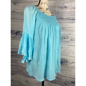 Chicos 00 Ruffle Slub Top Womens XS Smock Boat Neck 3/4 Bell Sleeves Blue Pleat